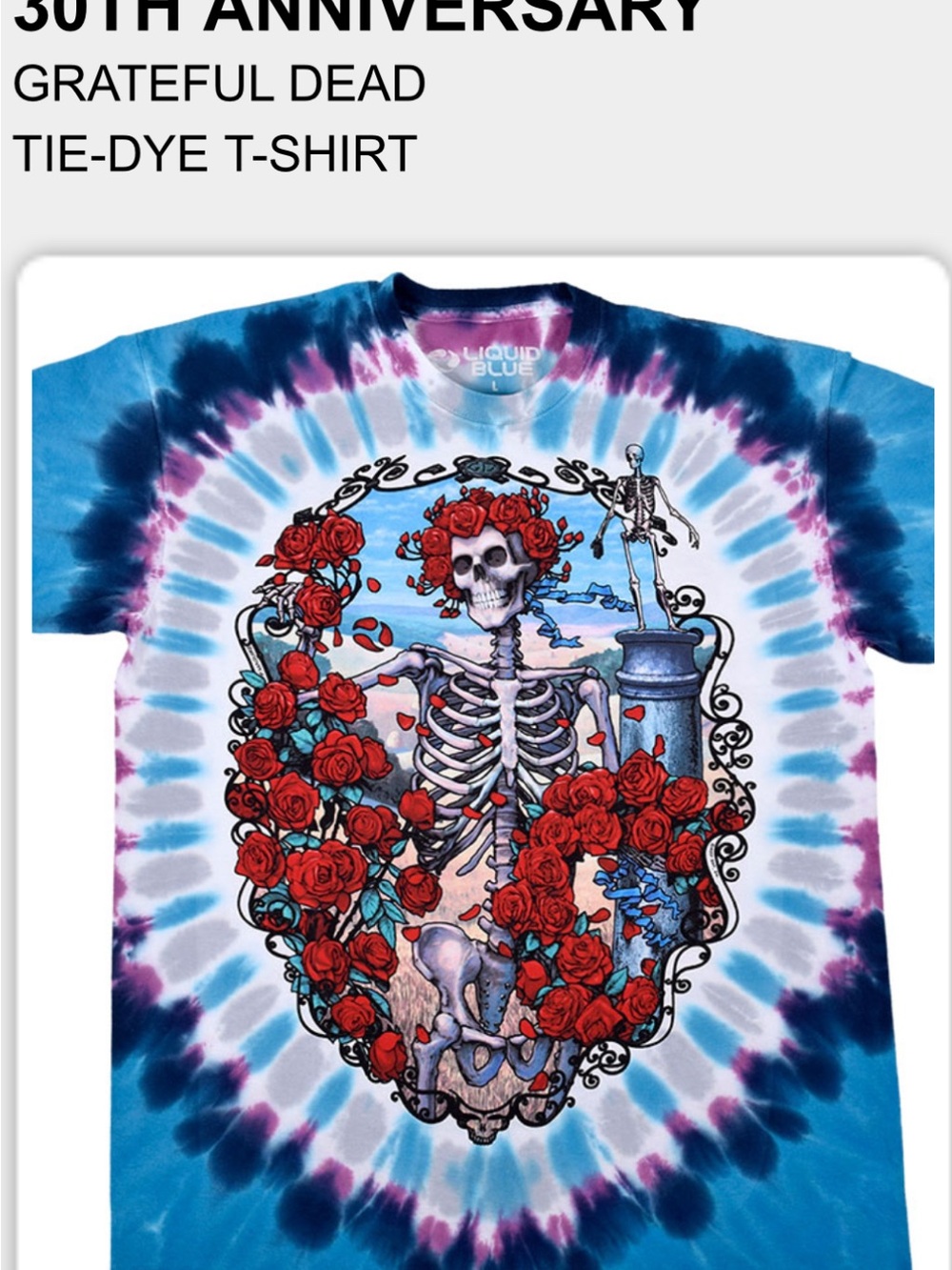 Liquid Blue Tie-Dye Tee with Red Rose Skeleton Graphic — Blue, Purple & Red